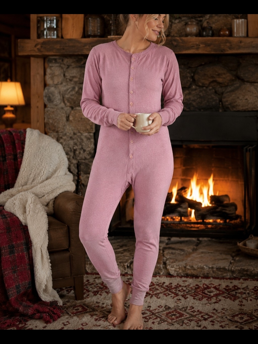 Vtg Duofold Pink Wool Blend Thermal Long Johns L Cozy Button Back